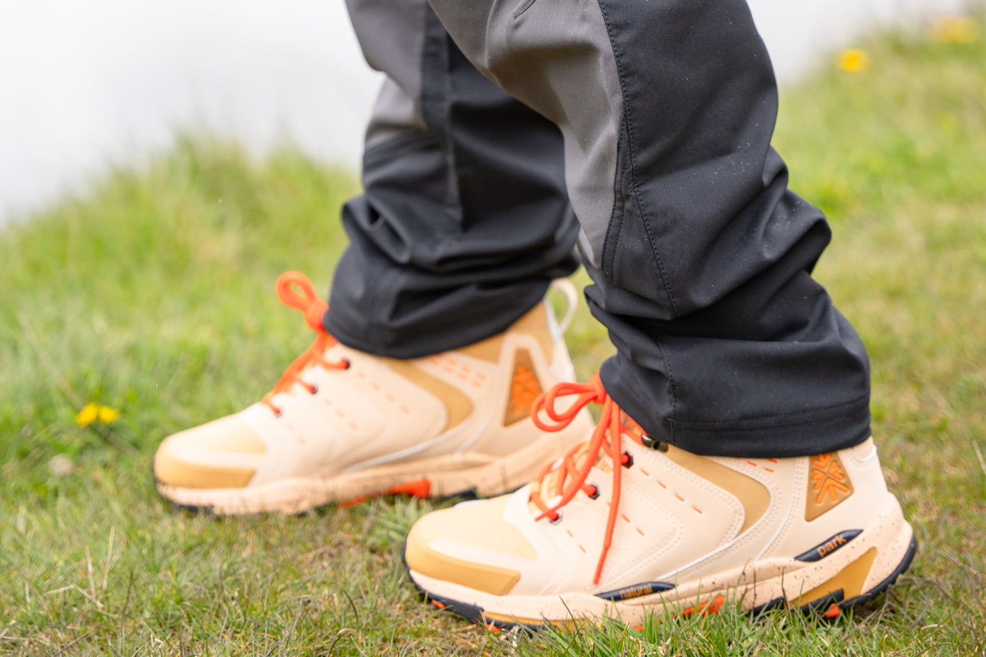 Close-up of beige hiking boots with orange laces on grass